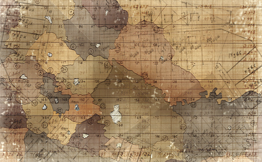 Antique retro style areas map with weathered handwritten layout illustrating land subdivision and planning. Overall authentic look and feel of an ancient map drafting on a leather piece.