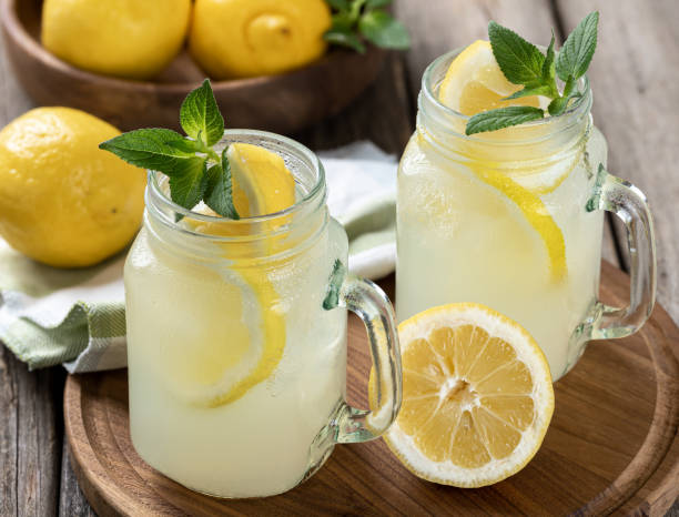 istock Two glasses of lemonade with mint and lemons 1400242578