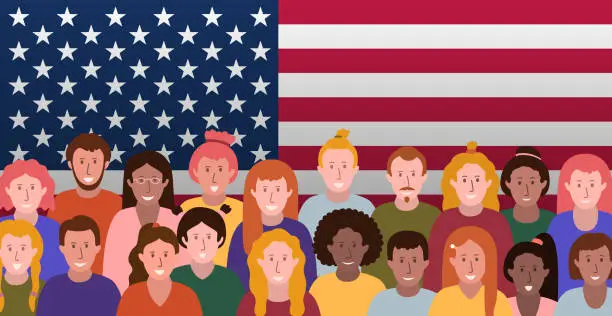 Vector illustration of A group of people on the background of the American flag USA - Vector