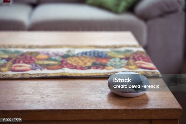 Smart Speaker At Home Stock Photo - Download Image Now - Artificial Intelligence, Assistant, Backgrounds