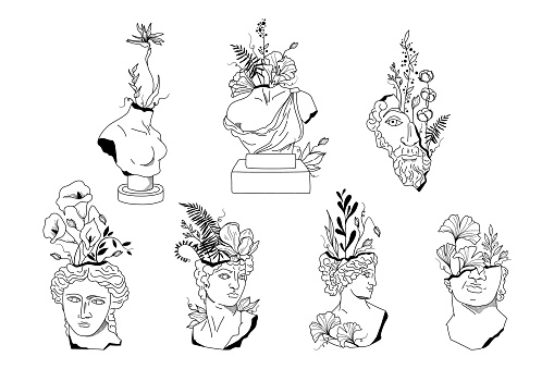 Floral ancient Greek male and female statues isolated clip art bundle, antique sculptures with flowers black white line figures, hand drawn women bust with botanical bouquet - vector illustration