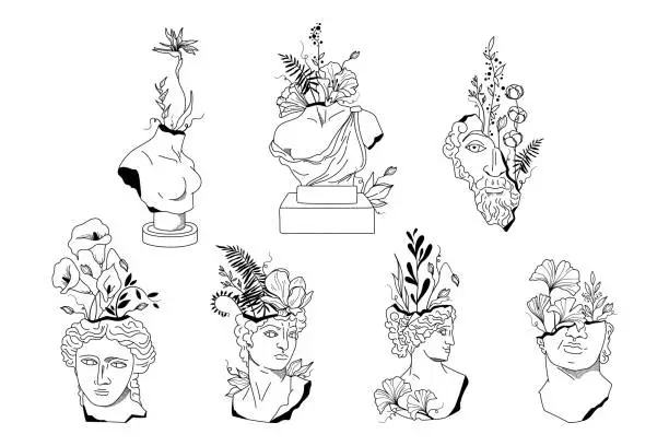 Vector illustration of Floral ancient Greek male and female statues isolated clip art bundle, antique sculptures with flowers black white line figures, hand drawn women bust with botanical bouquet - vector set