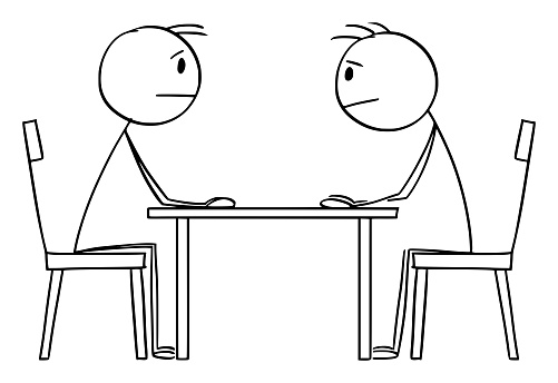 Negotiation of two persons, businessmen or politicians, they are sitting at table and watching each other, vector cartoon stick figure or character illustration.