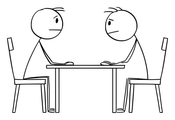 Two Person, Politicians or Businessmen Negotiating and Sitting at Table, Vector Cartoon Stick Figure Illustration Negotiation of two persons, businessmen or politicians, they are sitting at table and watching each other, vector cartoon stick figure or character illustration. funny contract stock illustrations