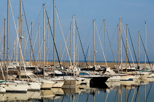 Rows of yachts in marina of Menton, Cote d'Azur, French Riviera, France, Europe.