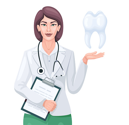 Female Doctor orthodontist showing tooth.