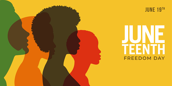 Juneteenth Independence Day. Silhouettes of African-American profile. African-American history and heritage. Freedom or Liberation day. Card, banner, poster, background design. Vector illustration. Stock illustration