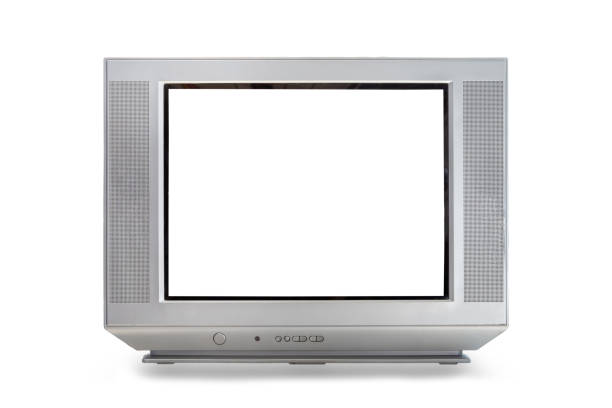 istock Analog television receiver isolated with white screen clipping path on white background. Flat screen TV 1400245630