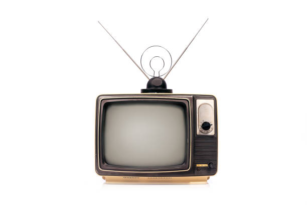 istock Old retro TV receiver set with antenna isolated on white background 1400245653