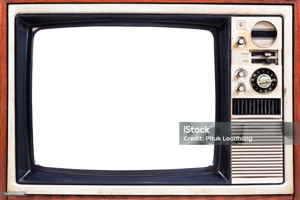 Vintage old tv and cut out screen with clipping path isolated on white background, retro television wood case Television Set Stock Photo