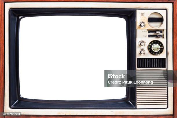 Vintage Old Tv And Cut Out Screen With Clipping Path Isolated On White Background Retro Television Wood Case Stock Photo - Download Image Now