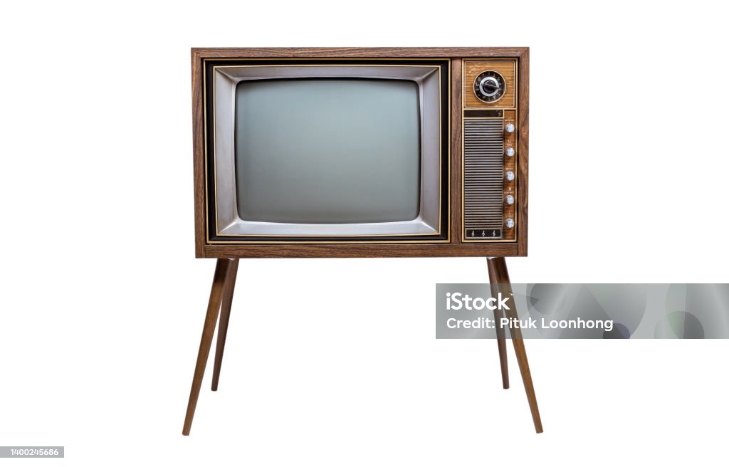 Retro old television with clipping path isolated on white background. TV standing and blank screen, antique, technology Television Set Stock Photo