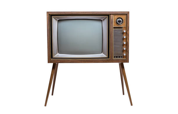 retro old television with clipping path isolated on white background. tv standing and blank screen, antique, technology - furniture table isolated old imagens e fotografias de stock