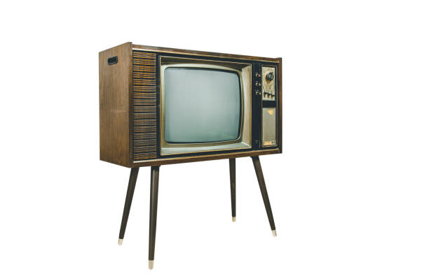 istock Vintage old television standing with clipping path isolated on white background, Classic, retro old tv technology with wood case. 1400245693