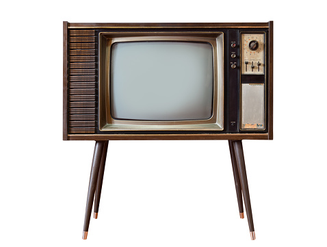 Old television stand on white background, Classic retro old tv technology with wood case.