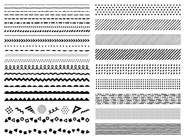 Hand drawn style line decoration set Hand drawn style various geometric line and border decoration set dotted line stock illustrations