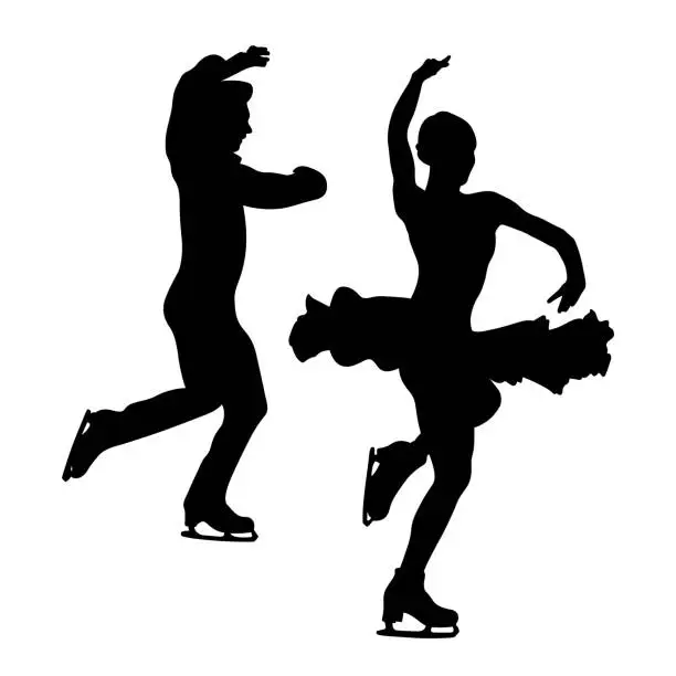Vector illustration of dancing pair of figure skaters black silhouette
