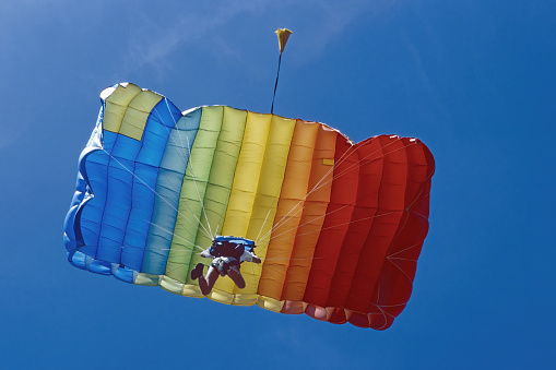 multicolored paraglider in flight, bottom view