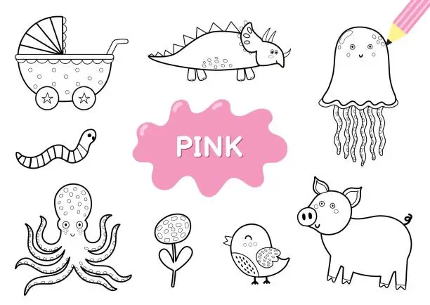 Vector illustration of Color the elements in pink. Coloring page for kids
