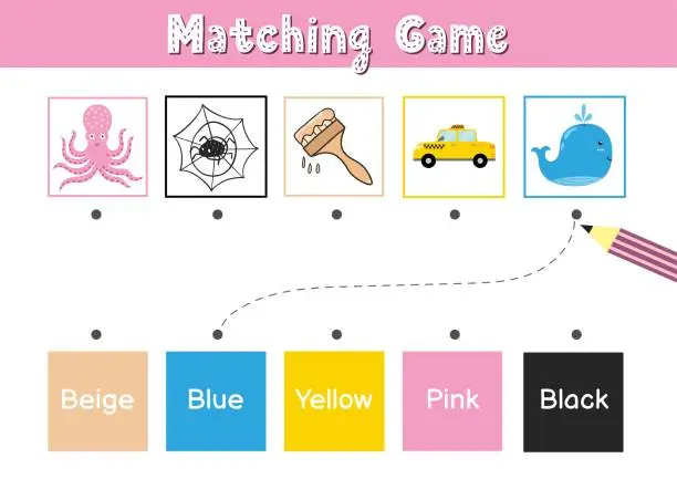 Vector illustration of Match elements by color. Educational game for school and preschool