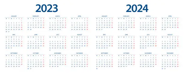 Vector illustration of Calendar 2023, calendar 2024 week start Monday corporate design planner template.