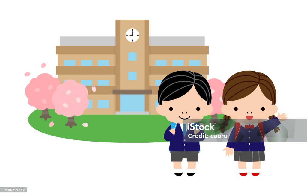 First Graders Smiling School Building And Two First Graders Stock Illustration - Download ...