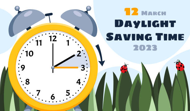 Daylight Saving Time March 12, 2023 Concept. Clock set to an hour ahead. Spring Forward, Summer Time. Web Banner of dial on green grass background with call to switch to dst. Daylight Saving Time March 12, 2023 Concept. Clock set to an hour ahead. Spring Forward, Summer Time. Web Banner of dial on green grass background with call to switch to dst. daylight saving time stock illustrations