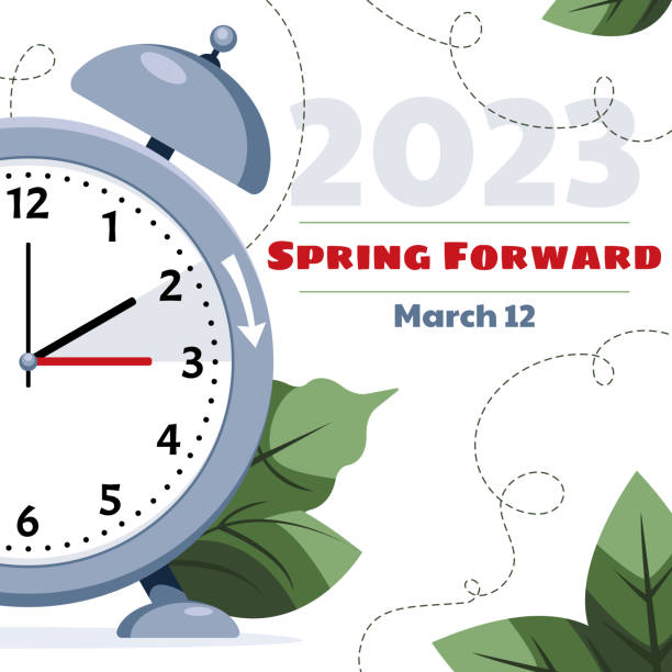 Daylight saving time. Clock set to an hour ahead March 12, 2023. Concept of Spring Forward, Summer Time. Web banner of alarm clock with with green foliage with call to switch to dst. Daylight saving time. Clock set to an hour ahead March 12, 2023. Concept of Spring Forward, Summer Time. Web banner of alarm clock with with green foliage with call to switch to dst. daylight saving time stock illustrations