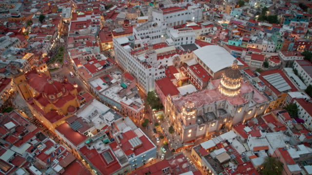 Hyperlapse view of historic city  with Cathederal Guanajuato Mexico  timelapse aerial shot