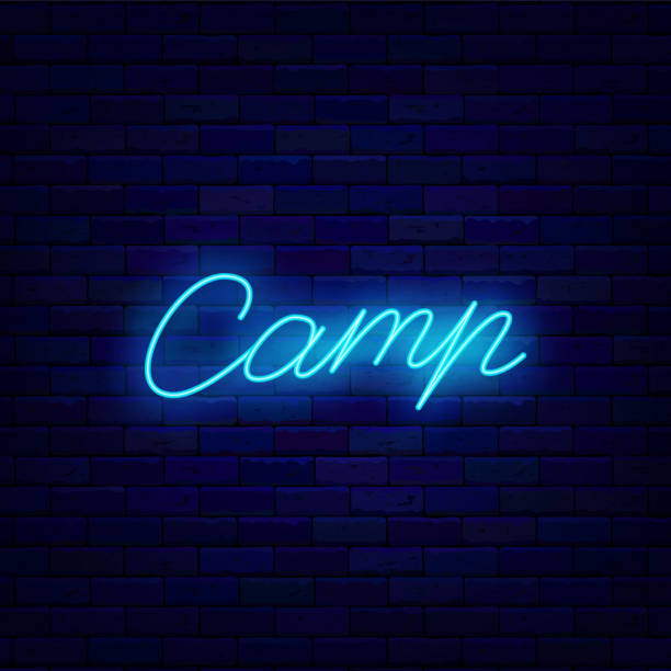 istock Camp neon lettering signboard. Camping and travel. Hiking emblem. Editable stroke. Vector stock illustration 1400254058