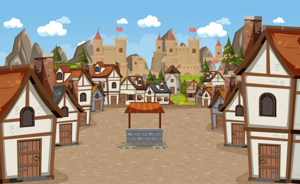 ilustraciones, imágenes clip art, dibujos animados e iconos de stock de escena de pueblo medieval con fondo de castillo - village
