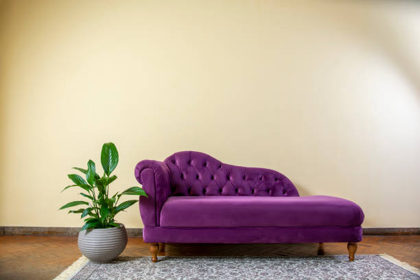 recamier mit grüner topfpflanze im retro-zimmer. antikes lila sofa im wohnzimmer mit teppich, chaiselongue in einer hellgelben wand - polstermöbel stock-fotos und bilder