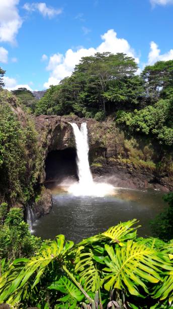 cielo arcobaleno a cascata hawaii e vegetazione lussureggiante - hawaii islands big island waterfall nobody foto e immagini stock