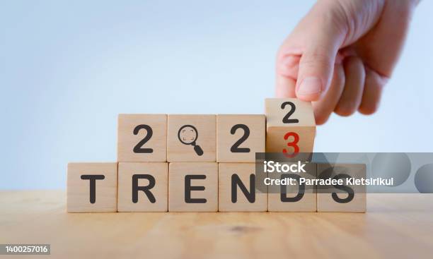 2023 Trend Concept Hand Flip Wooden Cube Change Year 2022 To 2023 Beautiful White Background Copy Space Used For The Banner Trend Concept Of The New Year For Monitoring New Business Opportunities Stock Photo - Download Image Now