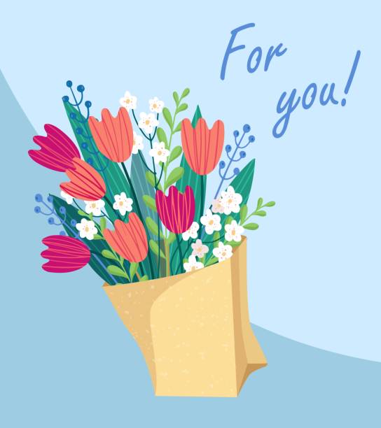 Vector bouquet tulips in the package, of red, orange, yellow, blue and purple flowers isolated on a blue background. March 8 Valentine's Day Vector bouquet tulips in the package, of red, orange, yellow, blue and purple flowers isolated on a blue background. March 8 Valentine's Day drawing of a green lisianthus stock illustrations