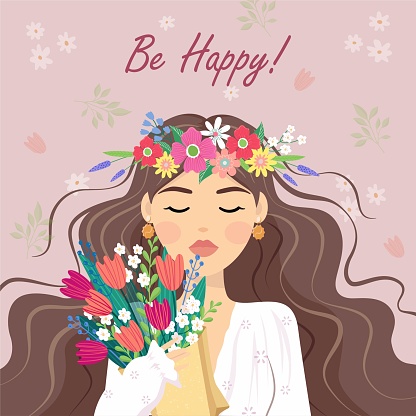 Be happy. Beauty, gift, love concept. Young woman girl with wreathcartoon hiding behind the bouquet of flowers tulips on pink background. womens day present illustration. March 8 Valentine's Day