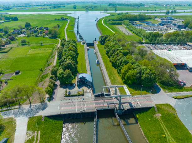 Spooldersluis lock in the Zwolle IJssel canal seen from above Spooldersluis lock in the Zwolle IJssel canal seen from above towards the river IJssel in the background in Overijssel, Netherlands. ijssel stock pictures, royalty-free photos & images
