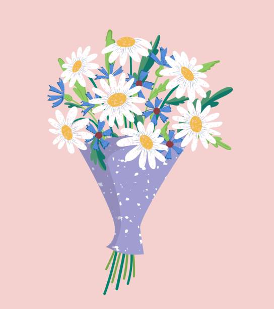 Vector bouquet chamomile, of red, orange, yellow, blue and purple flowers isolated on a pink background. March 8 Valentine's Day Vector bouquet chamomile, of red, orange, yellow, blue and purple flowers isolated on a pink background. March 8 Valentine's Day drawing of a green lisianthus stock illustrations