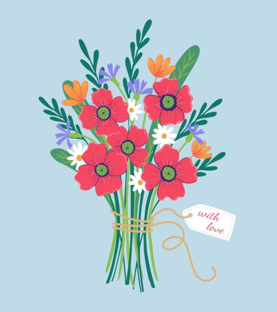 With love Vector bouquet poppies, of red, orange, yellow, blue and purple flowers isolated on a blue background. March 8 Valentine's Day With love Vector bouquet poppies, of red, orange, yellow, blue and purple flowers isolated on a pink background. March 8 Valentine's Day drawing of a green lisianthus stock illustrations