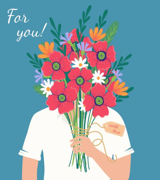 Vector bouquet hand holding man poppies, of red, orange, yellow, blue and purple flowers isolated on a blue background. March 8 Valentine's Day Vector bouquet hand holding man poppies, of red, orange, yellow, blue and purple flowers isolated on a pink background. March 8 Valentine's Day drawing of a green lisianthus stock illustrations