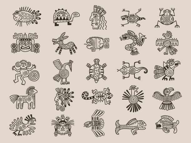 ilustraciones, imágenes clip art, dibujos animados e iconos de stock de animales aztecas. tribus mexicanas símbolos maya objetos gráficos etnia nativa dibujos reciente vector civilización azteca conjunto - religious heritage