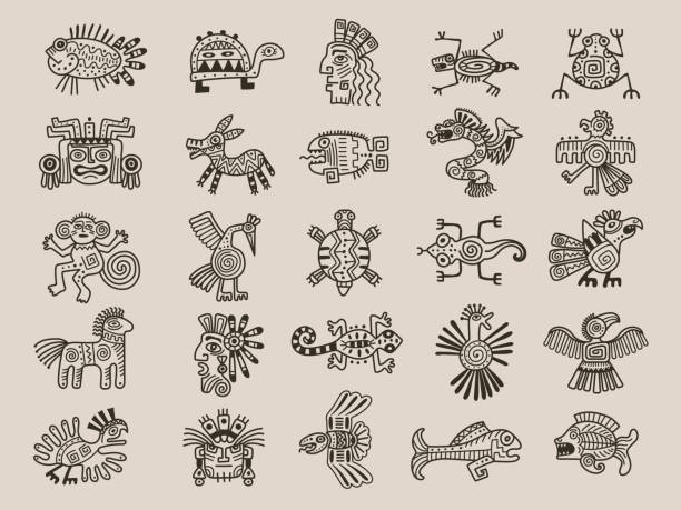 stockillustraties, clipart, cartoons en iconen met aztec animals. mexican tribals symbols maya graphic objects native ethnicity drawings recent vector aztec civilization set - maya