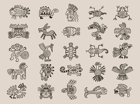 Aztec animals. Mexican tribals symbols maya graphic objects native ethnicity drawings recent vector aztec civilization set of mexican aztec and tribal american illustration