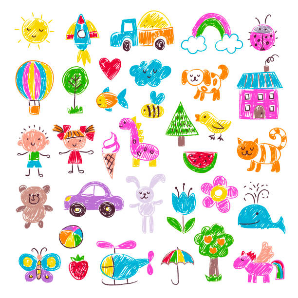 ilustraciones, imágenes clip art, dibujos animados e iconos de stock de dibujo infantil. lápiz dibujado a mano garabatos divertidos bocetos animales casa nubes plantillas vectoriales recientes conjunto de colores - sorteo de partidos