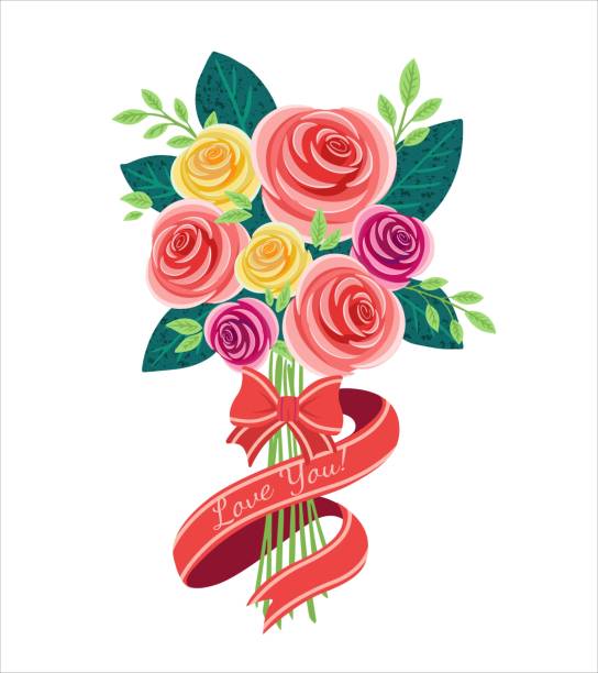 Vector bouquet roses with ribbon, of red, orange, yellow, blue and purple flowers isolated on white background. March 8 Valentine's Day Vector bouquet roses with ribbon, of red, orange, yellow, blue and purple flowers isolated on white background. March 8 Valentine's Day drawing of a green lisianthus stock illustrations