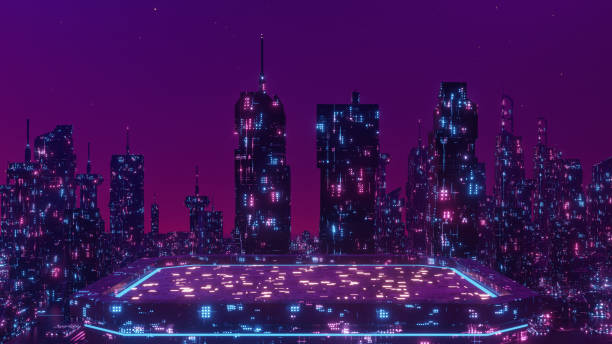 istock Night city of the future Retro Cyberpunk Effect 3d Render 1400260985