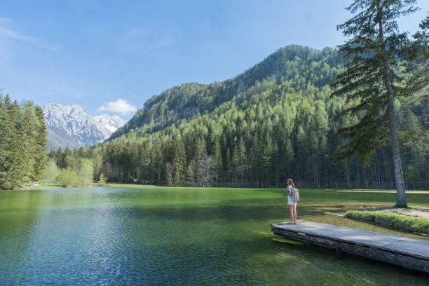 istock Young woman relaxes on forested lakeside dock 1400261029