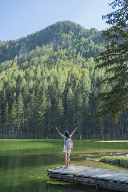 istock Young woman relaxes on forested lakeside dock 1400261221
