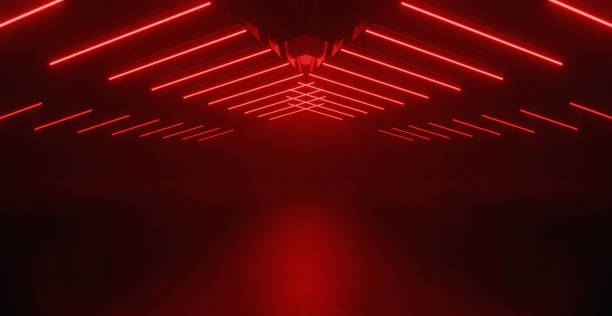 ネオンレーザー蛍光レッドサイエンスフィクションエレガントな宇宙船クラブナイトダークガレージ地下グランジコンクリート反射抽象ビーム3dレンダリング - red backgound ストックフォトと画像