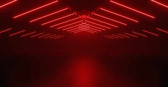 Neon Laser Fluorescent Red Sci Fi Elegant Spaceship Club Night Dark Garage Underground Grunge Concrete Reflections Abstract Beams 3D Rendering